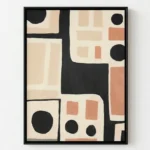 Contemporary abstract hand-painted canvas with geometric shapes, black circles, and terracotta rectangles on cream ground