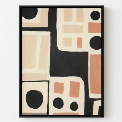 Contemporary abstract hand-painted canvas with geometric shapes, black circles, and terracotta rectangles on cream ground