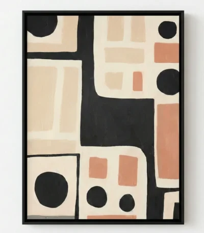 Contemporary abstract hand-painted canvas with geometric shapes, black circles, and terracotta rectangles on cream ground