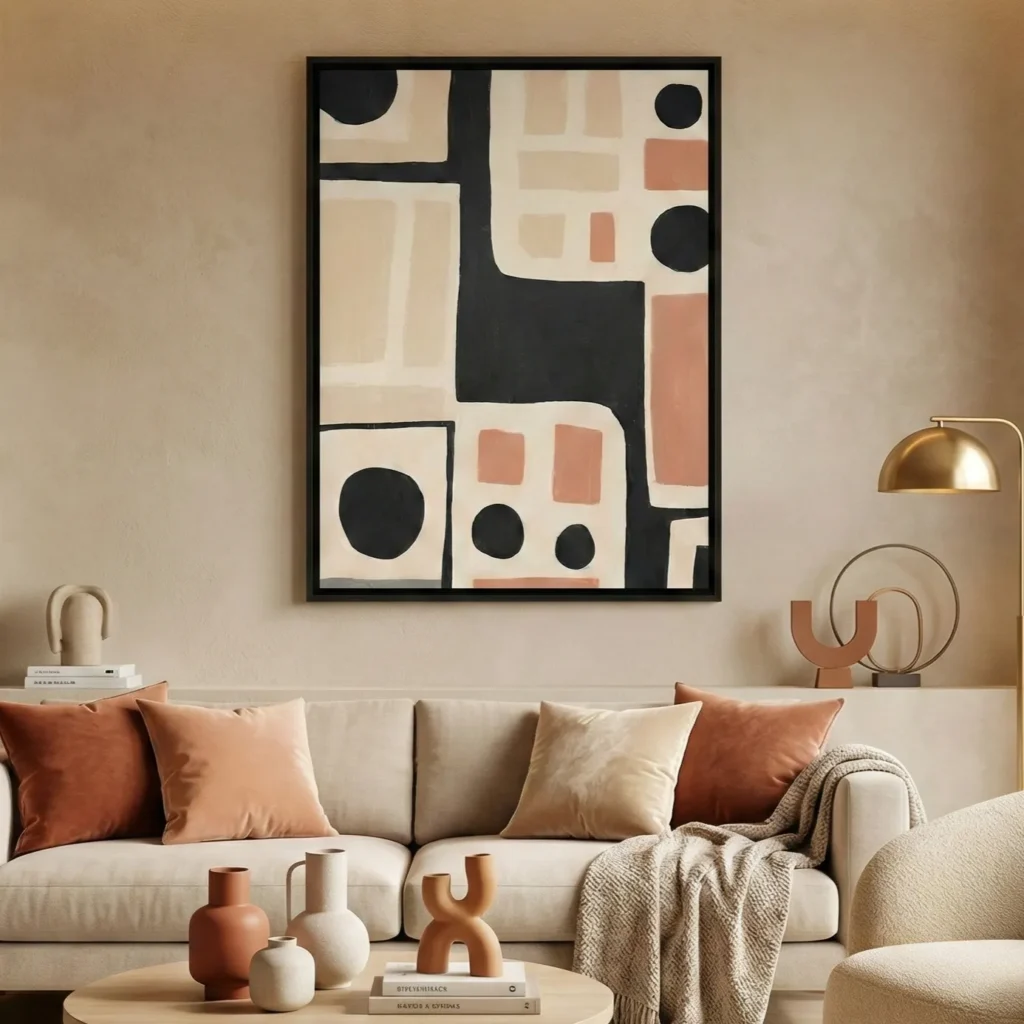 Ochre Passage textured wall art shown framed on the wall in a styled interior