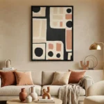 Minimalist hand-painted canvas with geometric shapes, black circles, cream rectangles, and terracotta accents, contemporary living space