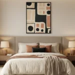 Minimalist hand-painted canvas with geometric shapes, black circles and rectangles, warm neutrals and terracotta tones, modern bedroom setting