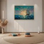 Romantic maritime painting depicting a tall ship at golden sunset with dynamic ocean waves in turquoise and gold tones, meditation space