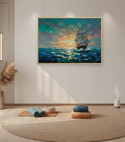 Romantic maritime painting depicting a tall ship at golden sunset with dynamic ocean waves in turquoise and gold tones, meditation space