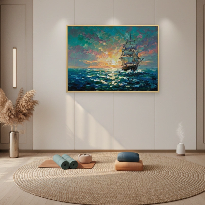 Ocean Embers Vibrant Nautical Sunset Impressionist Seascape color art (1.5) Romantic maritime painting depicting a tall ship at golden sunset with dynamic ocean waves in turquoise and gold tones, meditation space