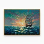 Gestural impressionist painting of a tall ship sailing at golden sunset over turbulent ocean waves in rich teal and amber tones, contemporary living space