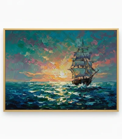 Gestural impressionist painting of a tall ship sailing at golden sunset over turbulent ocean waves in rich teal and amber tones, contemporary living space