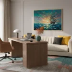 Impressionist seascape painting depicting a sailing ship at golden sunset with dramatic clouds and luminous ocean blues, hand-painted canvas in contemporary workspace
