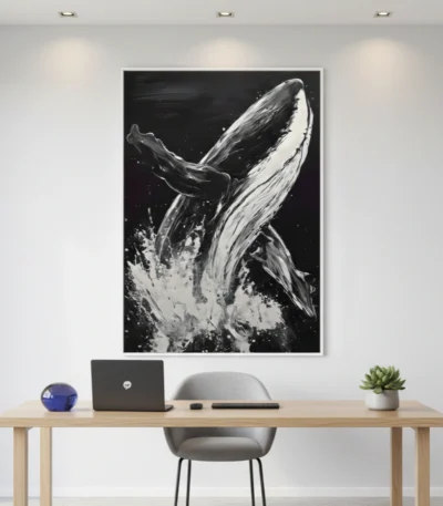 Gestural monochrome hand-painted canvas of a breaching whale with dynamic splashing water, contemporary workspace