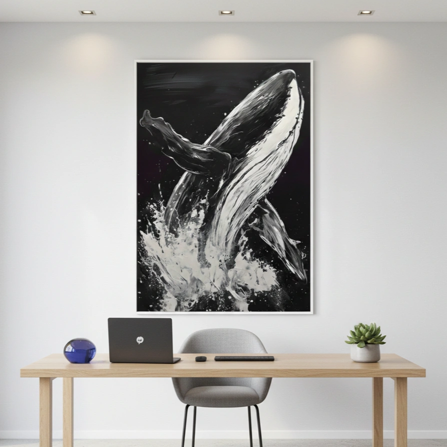 Oceanic Contrast Graphic whale leaping silhouette abstract wall decor (1.5) Gestural monochrome hand-painted canvas of a breaching whale with dynamic splashing water, contemporary workspace