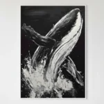 Monochrome hand-painted canvas of a breaching whale with dynamic splashing water and gestural brushstrokes, contemporary living space