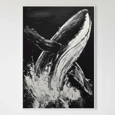 Monochrome hand-painted canvas of a breaching whale with dynamic splashing water and gestural brushstrokes, contemporary living space