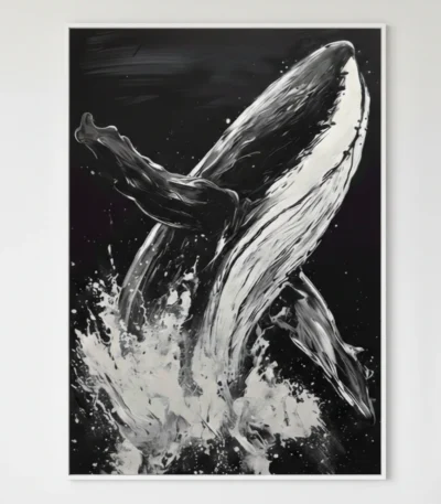 Monochrome hand-painted canvas of a breaching whale with dynamic splashing water and gestural brushstrokes, contemporary living space
