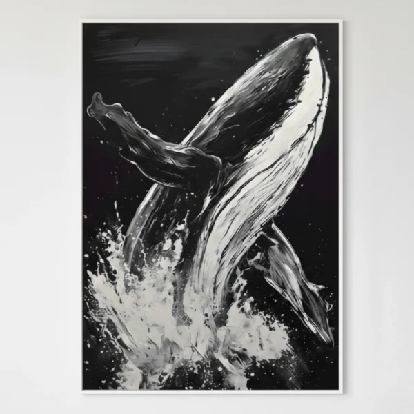 Monochrome hand-painted canvas of a breaching whale with dynamic splashing water and gestural brushstrokes, contemporary living space