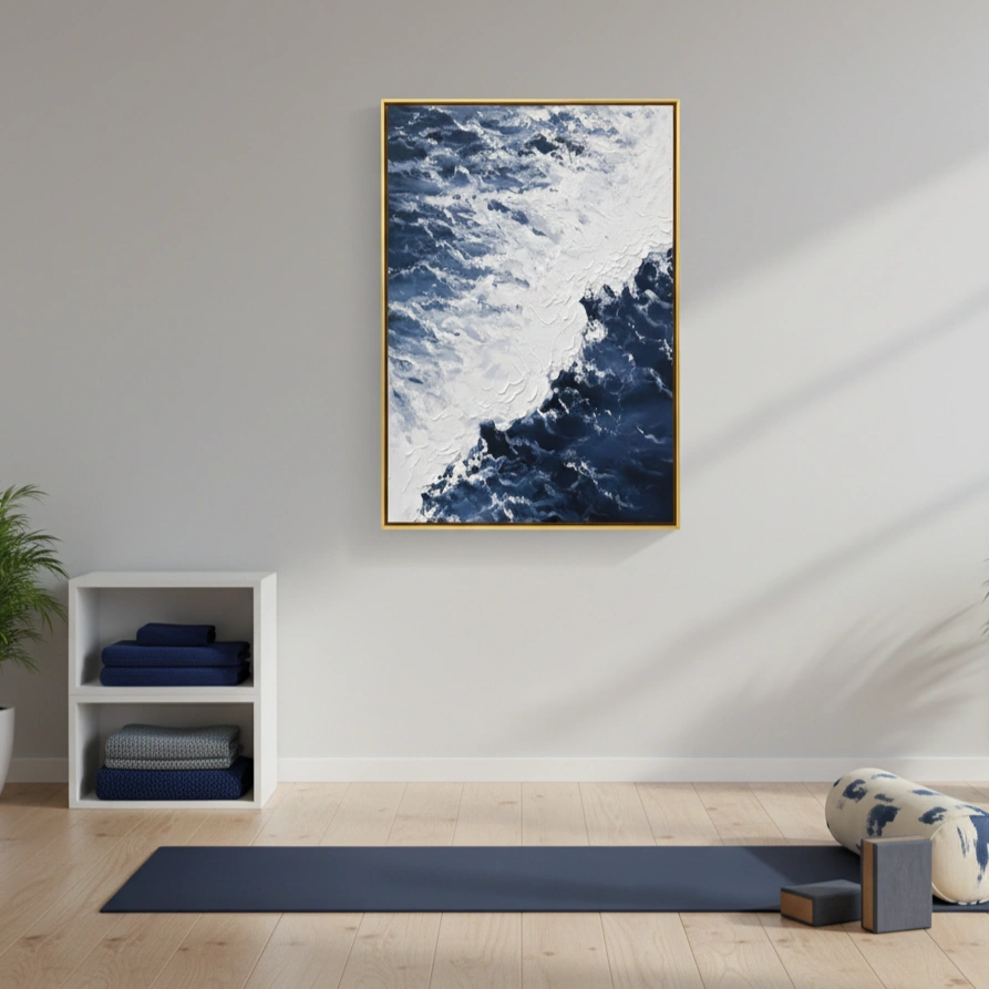 Oceanic Drift Abstract blue foam movement Abstract art (1.5) Contemporary landscape hand-painted canvas depicting snow-capped mountains and dramatic clouded sky in deep blues and whites, yoga studio setting