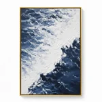 Textured abstract hand-painted canvas depicting mountainous ice formations in deep navy and cream tones, contemporary living space