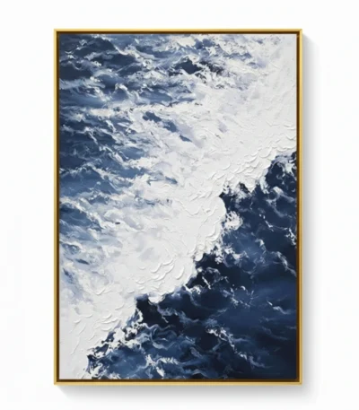 Textured abstract hand-painted canvas depicting mountainous ice formations in deep navy and cream tones, contemporary living space