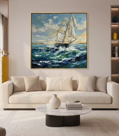 Impressionist hand-painted canvas depicting a sailing ship navigating turbulent ocean waves beneath dramatic cloudy skies, rich blues and golden tones, contemporary living space