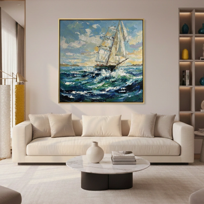 Oceanic Odyssey Vibrant Sailing Scene color art (1.5) Impressionist hand-painted canvas depicting a sailing ship navigating turbulent ocean waves beneath dramatic cloudy skies, rich blues and golden tones, contemporary living space