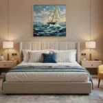 Impressionist hand-painted canvas depicting a sailing vessel navigating dynamic ocean waves beneath a luminous sky, blue and cream tones, modern bedroom setting