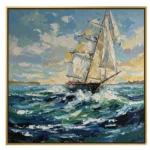 Impressionist hand-painted canvas depicting a tall ship navigating rough seas with billowing sails in cream and gold, dynamic ocean waves in layered blues and greens, dramatic clouded sky