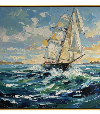 Impressionist hand-painted canvas depicting a tall ship navigating rough seas with billowing sails in cream and gold, dynamic ocean waves in layered blues and greens, dramatic clouded sky
