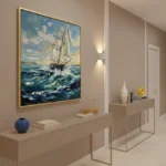 Impressionist sailboat painting with dynamic ocean waves and golden sky in blues and cream tones, contemporary hallway setting