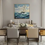 Impressionist seascape painting depicting a billowing sailboat navigating dynamic ocean waves in blue and cream tones, formal dining space