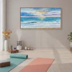 Impressionist seascape painting with golden sunset, turquoise waves, and soft sky in luminous tones, hand-painted canvas in yoga studio