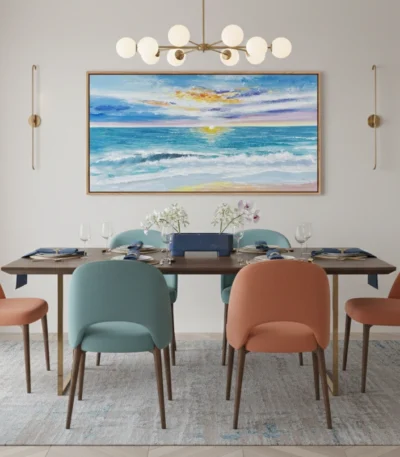 Impressionist seascape painting with golden sunset, turquoise waves, and soft brushwork in warm and cool tones, hand-painted canvas in contemporary dining space