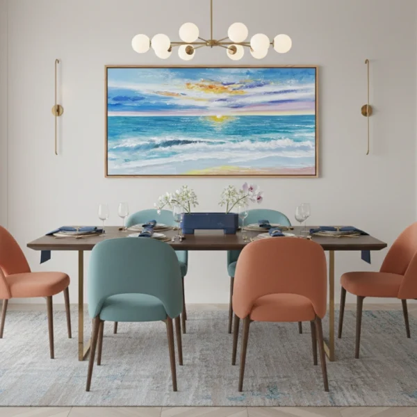 Impressionist seascape painting with golden sunset, turquoise waves, and soft brushwork in warm and cool tones, hand-painted canvas in contemporary dining space