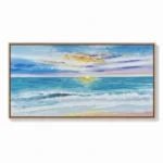 Impressionist seascape hand-painted canvas depicting golden sunrise over turquoise waves and white sand beach, contemporary living space