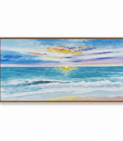 Impressionist seascape hand-painted canvas depicting golden sunrise over turquoise waves and white sand beach, contemporary living space