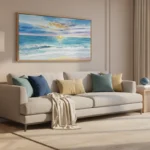 Impressionist seascape hand-painted canvas with golden sunset, turquoise waves, and soft sky blues, contemporary living space