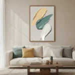 Gestural abstract hand-painted canvas with layered brushstrokes in mustard, teal, and cream tones, contemporary living space