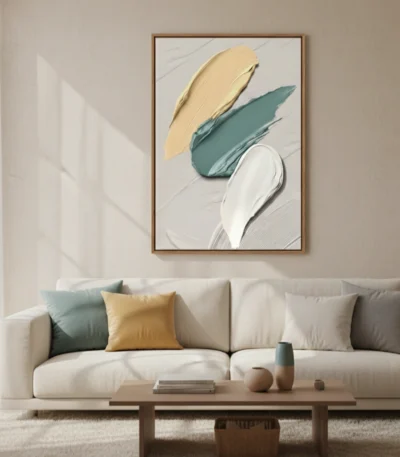 Gestural abstract hand-painted canvas with layered brushstrokes in mustard, teal, and cream tones, contemporary living space