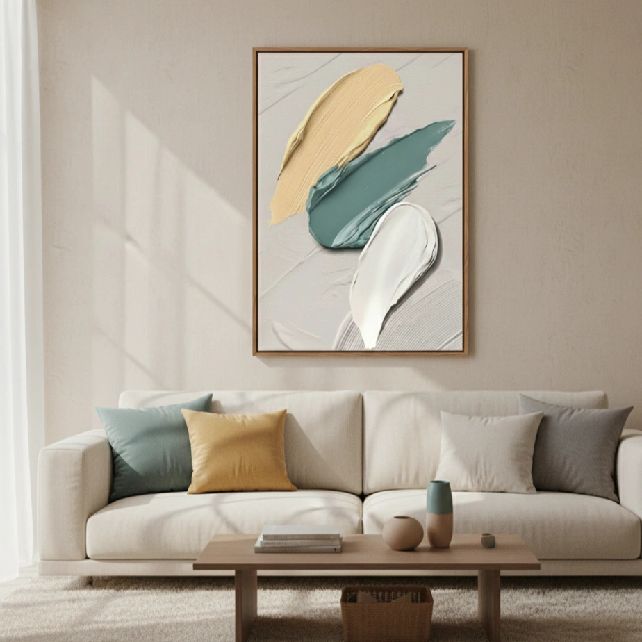 Oceanic Whisper Modern Sculptural Relief abstract wall art (1.5) Gestural abstract hand-painted canvas with layered brushstrokes in mustard, teal, and cream tones, contemporary living space