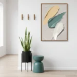 Abstract hand-painted canvas with gestural cream, teal and ochre brushstrokes, contemporary space