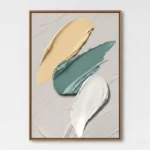 Contemporary abstract hand-painted canvas with gestural cream, teal, and white brushstrokes, modern interior