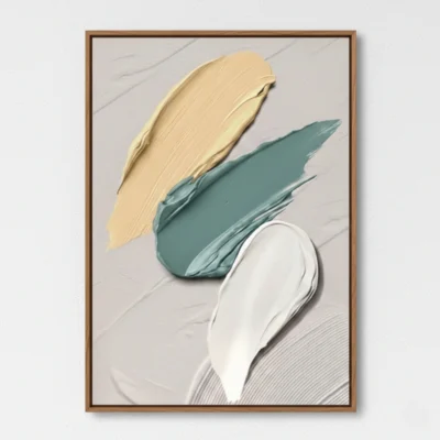 Contemporary abstract hand-painted canvas with gestural cream, teal, and white brushstrokes, modern interior