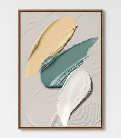 Contemporary abstract hand-painted canvas with gestural cream, teal, and white brushstrokes, modern interior