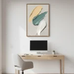 Gestural abstract hand-painted canvas with layered cream, teal, and gold brushstrokes, modern workspace