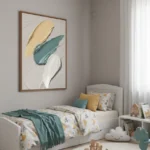 Gestural abstract hand-painted canvas in cream, mustard, and teal brushstrokes, styled in a modern child's bedroom