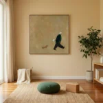 Minimalist figurative hand-painted canvas depicting a figure jogging with small dog in muted earth tones, contemporary living space