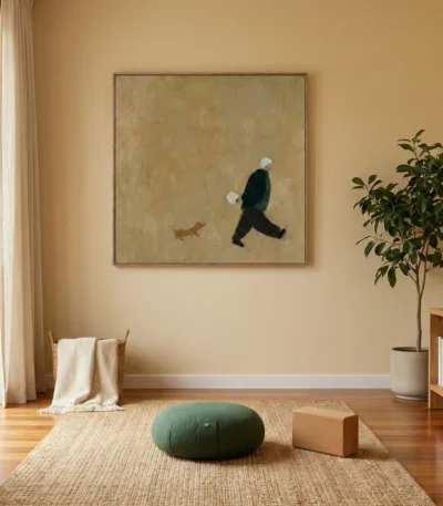 Minimalist figurative hand-painted canvas depicting a figure jogging with small dog in muted earth tones, contemporary living space