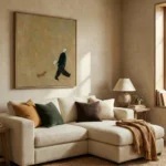 Minimalist figurative hand-painted canvas depicting a figure with small dog in muted earth tones, contemporary living space