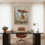 Gestural figurative hand-painted canvas depicting woman with red umbrella in golden dress, textured abstract background in muted greys and ochres, contemporary office setting