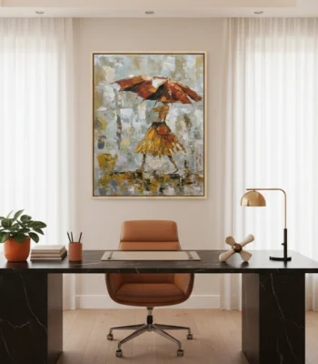 Gestural figurative hand-painted canvas depicting woman with red umbrella in golden dress, textured abstract background in muted greys and ochres, contemporary office setting