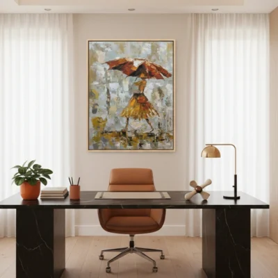 Gestural figurative hand-painted canvas depicting woman with red umbrella in golden dress, textured abstract background in muted greys and ochres, contemporary office setting