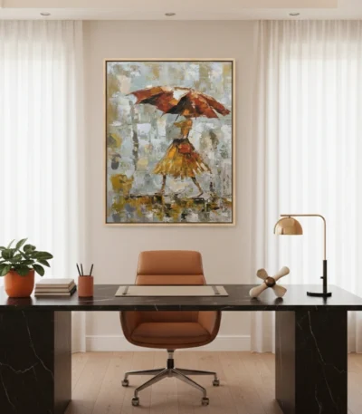 Gestural figurative hand-painted canvas depicting woman with red umbrella in golden dress, textured abstract background in muted greys and ochres, contemporary office setting